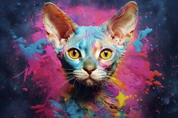 Portrait of a devon rex cat created with bright paint splatters