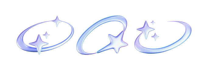 3d holographic stars and planets set in y2k, futuristic style on white background. Render 3d cyber chrome galaxy emoji with falling star, planet, bling, spark, moon. 3d vector y2k illustration.