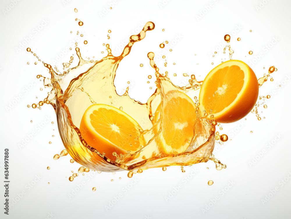 Poster oranges and orange slices falling into the r with a splash of orange juice.