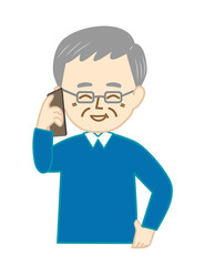 スマートフォンで笑いながら会話をするシニアの男性
