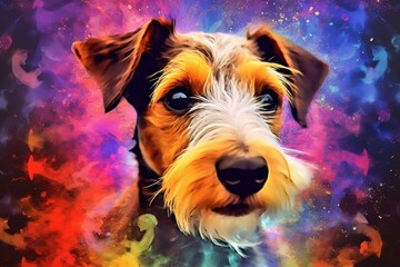 Multi coloured illustration art, the head of a fox terrier dog painted with with splashes and splatters of paint