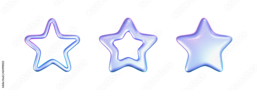 Wall mural 3d holographic stars set in y2k futuristic style isolated on white background. render 3d cyber chrom