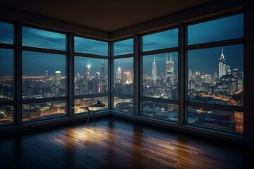 Fototapeta na wymiar Night time view of an empty room with skyscrapers and Philadelphia city skyline seen through a high rise window. Beautiful 3D rendering of real estate. Generative AI