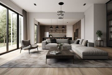 Naklejka na ściany i meble A 3D rendering of a contemporary living room inside a house. Generative AI