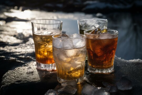 Alcoholic beverages and glasses sit on frozen water. Generative AI