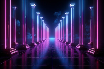 Neon-lit columns converge, framing a 3D backdrop for dynamic digital expression. Generative AI