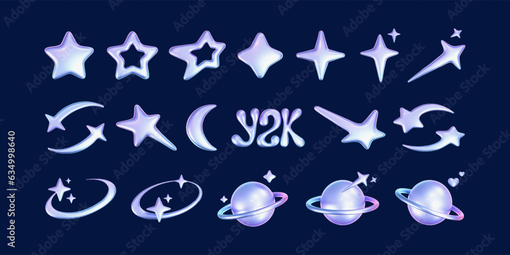 Canvas Prints 3d holographic stars and planets set in y2k, futuristic style on dark background. render 3d cyber ch