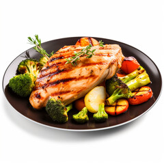 Delicious grilled chicken with vegetables on a black plate