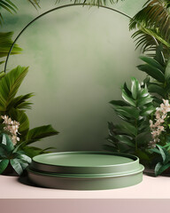 Round podium and pedestal stand platform for display product in flowers leaves and tree plants of Nature, 3d render illustration, Generative AI