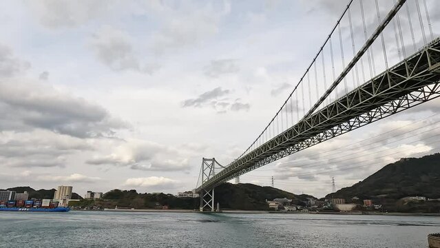 Kanmon bridge and the kanmon strait in between the japanese island Honshu and Kyushu