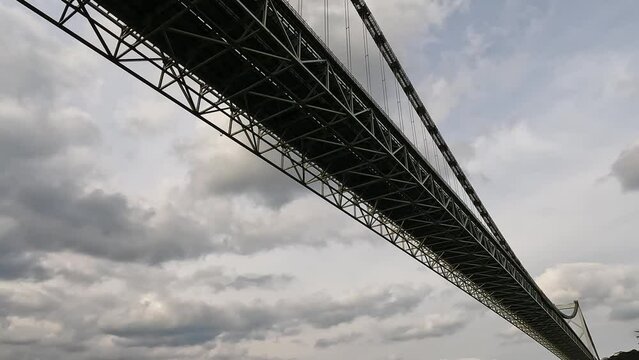 Close up view over Kanmon bridge and the kanmon strait in between the japanese island Honshu and Kyushu
