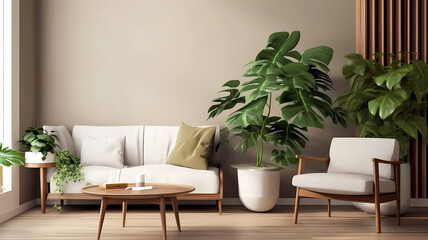 Modern living room interior with monstera plants. Generative ai design concept.