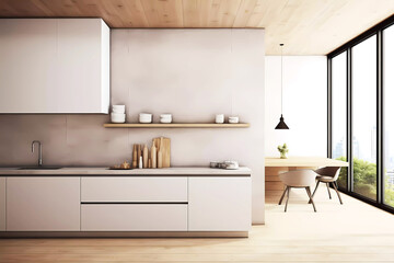 Modern wooden kitchen interior. Generative ai design concept.