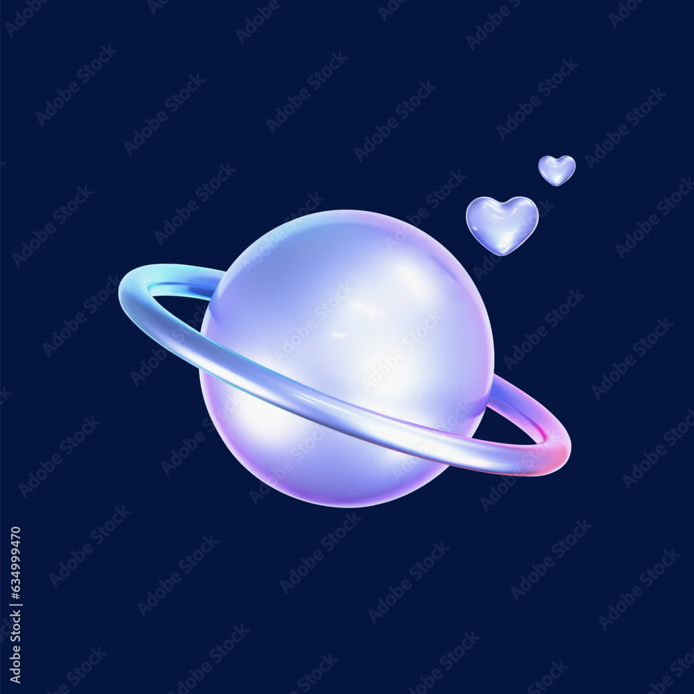 Wall mural 3d holographic galaxy planet icon with hearts in y2k style isolated on dark background. render of 3d