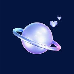 3d holographic galaxy planet icon with hearts in y2k style isolated on dark background. Render of 3d iridescent chrome planet emoji with rainbow gradient effect. 3d vector y2k illustration