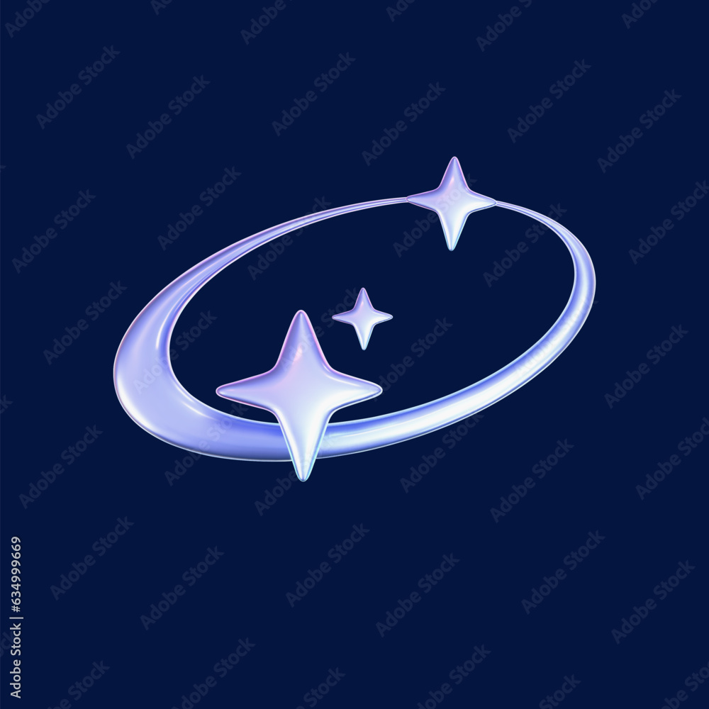 Wall mural 3d holographic falling or flying star in y2k futuristic style isolated on dark background. render 3d