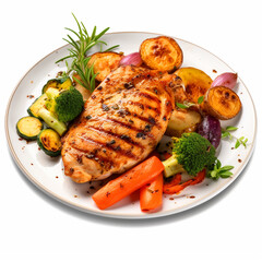 Grilled chicken with vegetables on a white plate