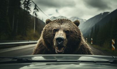 Brown bear in front of car crossing the road.Wild grizzly bear crossing into traffic on mountain road. Wildlife concept copy space - obrazy, fototapety, plakaty