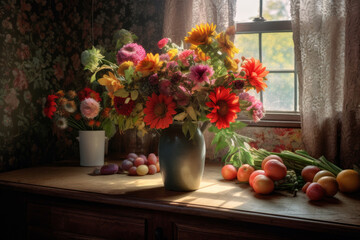 Fototapeta na wymiar A bouquet of bright flowers in a vase on the table in the kitchen. Interior design, decoration concept