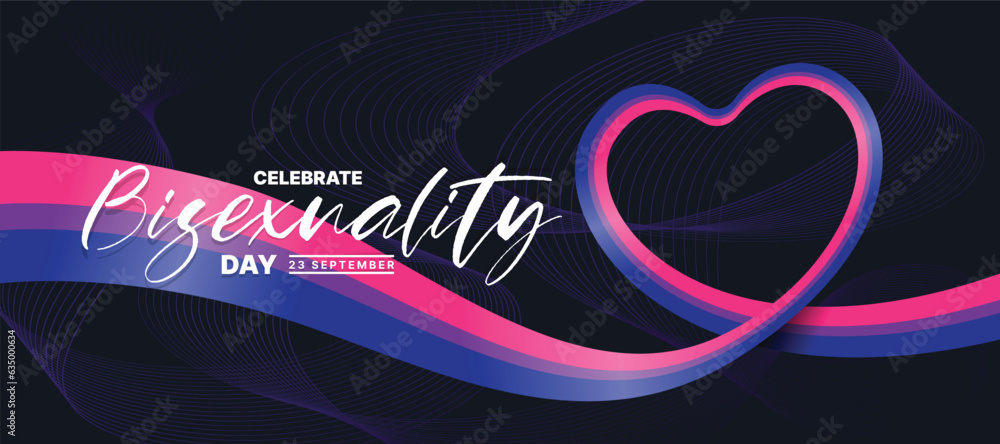 Poster celebrate bisexuality day - white text and long bisexual flag roll heart shape waving on dark backgr