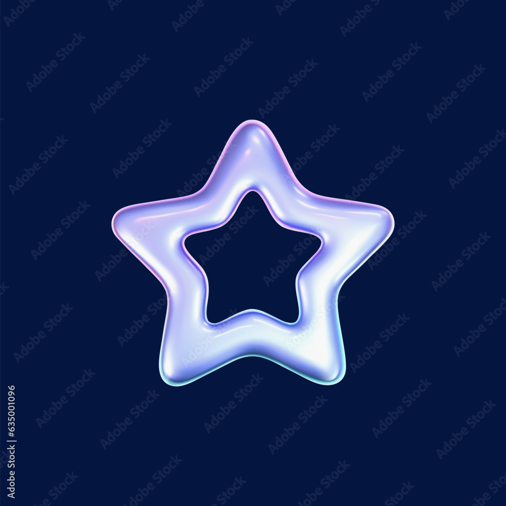 Wall mural 3d holographic outline star in y2k futuristic style isolated on dark background. render 3d cyber chr