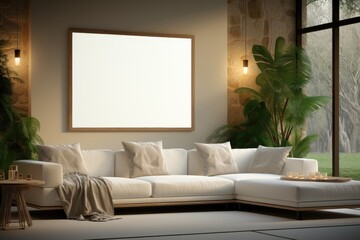 A mockup featuring a blank wood-framed canvas in a contemporary living room adorned with modern furniture. Photorealistic illustration, Generative AI