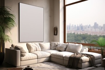 A mockup with a thin-framed canvas in a contemporary apartment living room, featuring a floor-to-ceiling window that offers a captivating city view. Photorealistic illustration, Generative AI