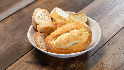 French bread, salt bread or pistolet in a bowl over wooden table.