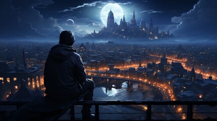 guy sitting on window and looking at the night city.