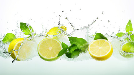 A slice of lime annd mint leaves falling into the water on white background. Panoramic banner image.