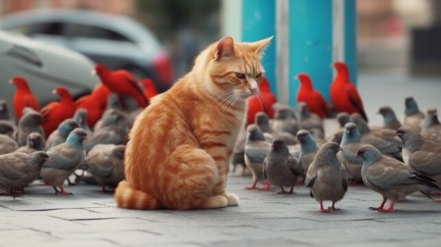 A group of homeless cats on the city street hunts pige Generative Ai
