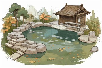 Illustration of Yuzu hot spring. Generative AI
