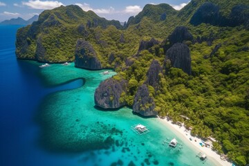 A stunning aerial view of El Nido's cliffs and crystal-clear turquoise water - a must-visit vacation spot. Generative AI