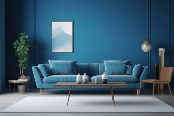 Mockup of a blue living room wall with modern furniture and decorations. Copy space included. 3D rendered. Generative AI