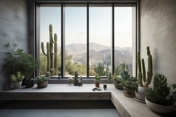 Contemporary space featuring a window and potted cacti and other green plants. Generative AI