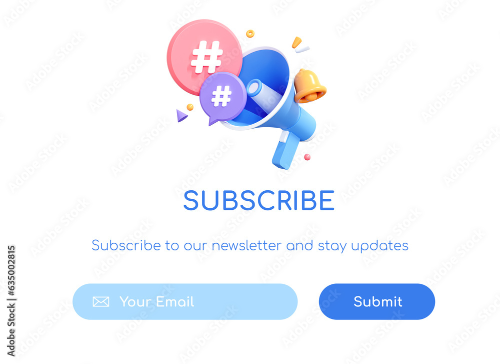 Poster 3d subscribe to newsletter banner template with button. megaphone with message and hashtag. send by 