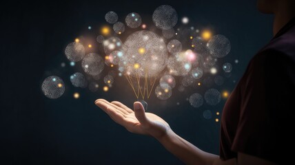 A person holding a thought bubble with floating symbols and ideas, representing the act of shaping and refining concepts
