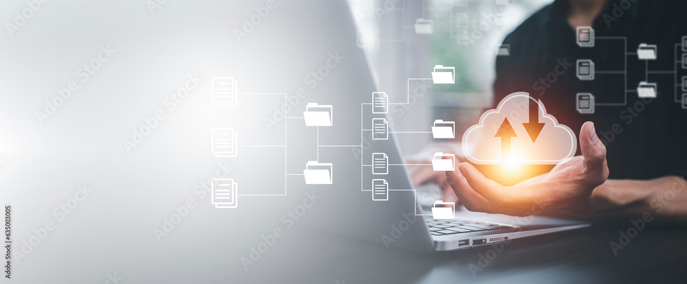 Poster business people using laptop with cloud computing system , storage and data transfer cloud network, 