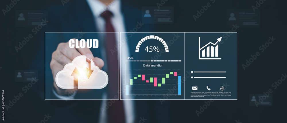 Poster businessman hand holding smartphone and laptop with cloud computing diagram show on hand. cloud tech