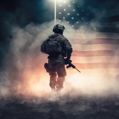 American soldier with a gun behind with flag - obrazy, fototapety, plakaty