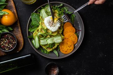 Zucchini waffles with poached egg