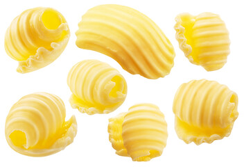 Different butter curls isolated on white background. File contains clipping paths.