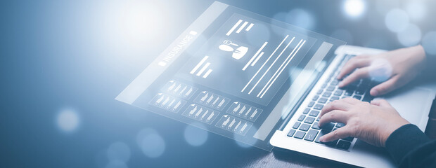Businesswoman working on laptop with virtual screen. Online documentation database, IT consultant...
