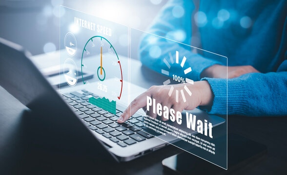Fast internet connection with Metaverse technology concept, Programmer people working  laptop with Virtual screen of Internet speed measurement, Internet and technology concept, 6G High-speed internet