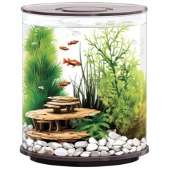 A fish tank filled with rocks and plants. Digital image. Cylinder aquarium, water tank clipart.