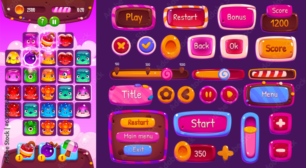 Poster ui candy match game interface with button and icon vector cartoon design set. mobile puzzle level wi