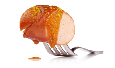 Curry Wurst - Sausage on a Fork with Sauce on Transparent PNG Background