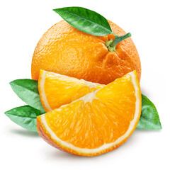 Ripe orange fruit and orange slices isolated on white background.