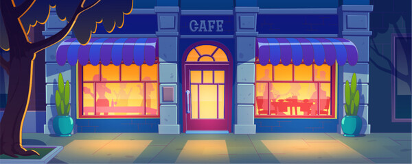 Night cafe facade with silhouettes of people inside. Vector cartoon illustration of door and illuminated windows of restaurant, shadows of men and women dining at tables, dark urban street with tree