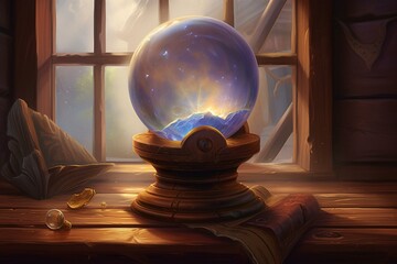 Crystal ball on wooden table near window with ominous background. Hearthstone splash art and clear content card. Left aligned. Generative AI